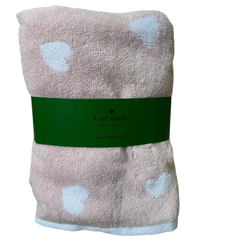 KATE SPADE Cotton Hand Towels Set of 2 Ballet Pink & White Hearts 18X28 NEW